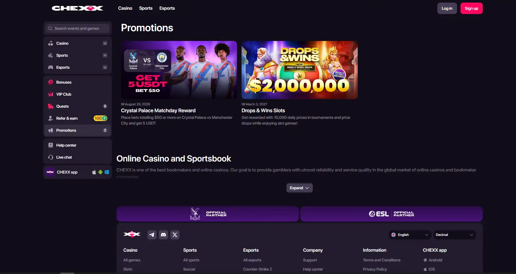 Sección de promociones y quests de CHEXX